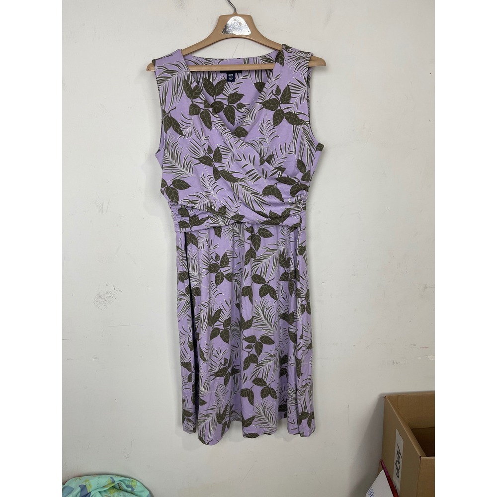 Lands End Womens M/T 10-12 Purple Tropical Palm Print Sleeveless Surplice Dress